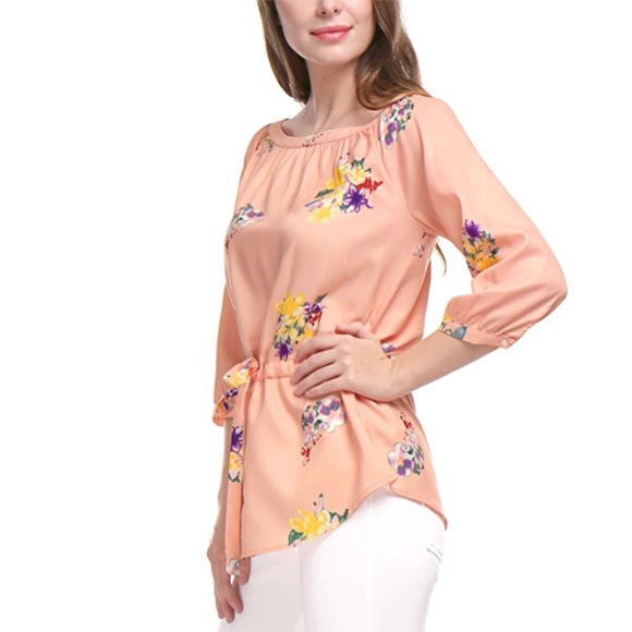 Floral 3/4 Sleeves Drawstring Waist Tunic Top - Picture 2 of 3